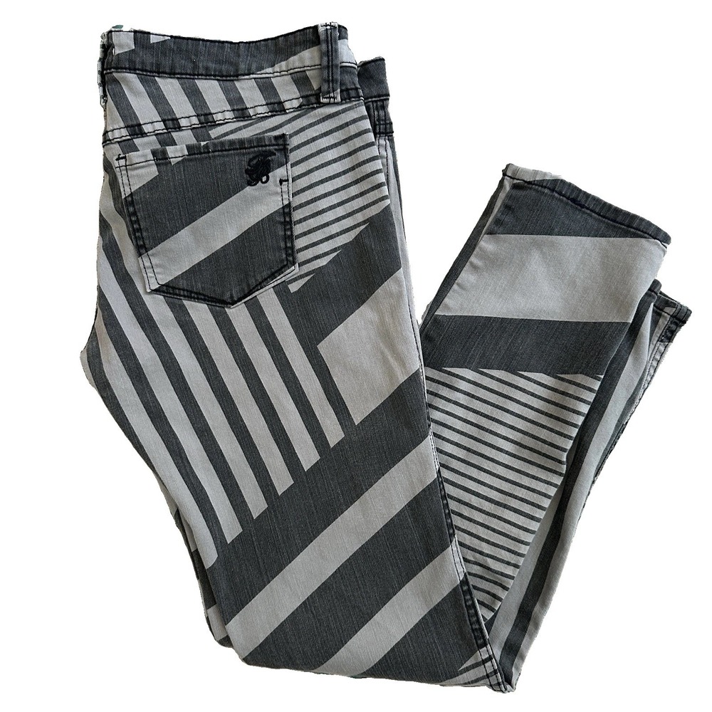 VTG Frankie B Stars Stripes Flag Skinny Jeans 34" x 30" Gray Stripe Low Rise Y2K
